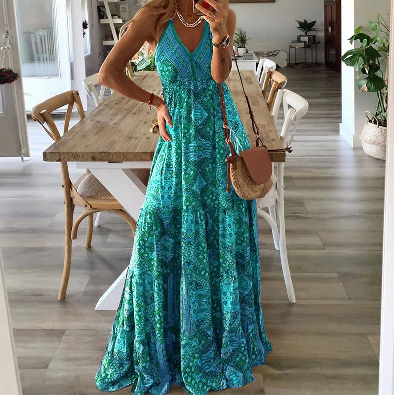 Boho Long Dress V-Neck High Waist Floral Print Maxi Gown European And American New Style Strapless Dress