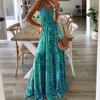 Boho Long Dress V-Neck High Waist Floral Print Maxi Gown European And American New Style Strapless Dress