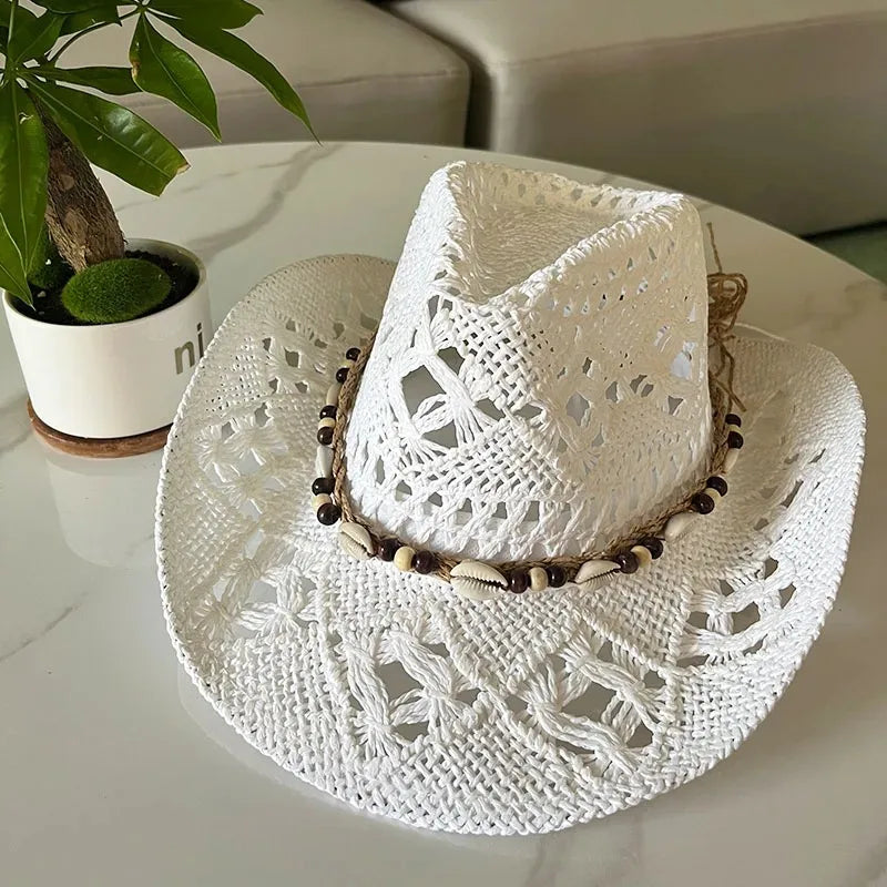 Bohemian 100% Recycles Paper Cowboy Hats with Wooden Beads and Shells Western wear 8 choices
