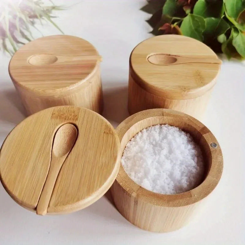 Salt, Pepper, Sugar Condiment Bowl, Bamboo with Spoon in Lid