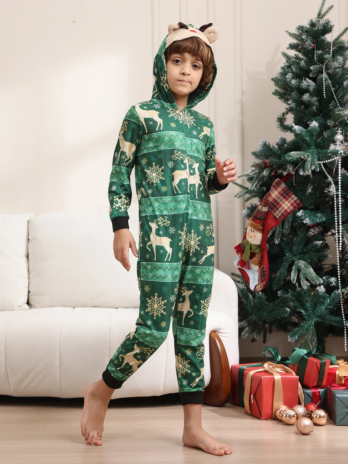 Family Rompers pajamas, hooded, zipper front, long sleeves and long pant legs, Comes in Red and Green