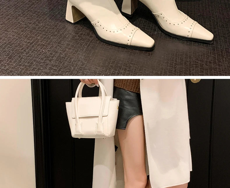 Rivetted Boots with Square Toes and Chunky Heels. Over the Ankle Stretch Tops