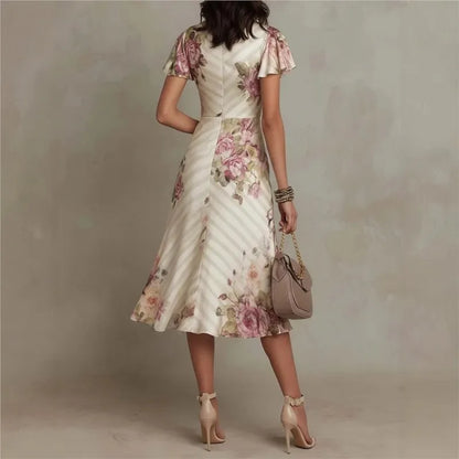 Boho Style Floral Print Midi Dress V Neck High Waist Short Bell Sleeves