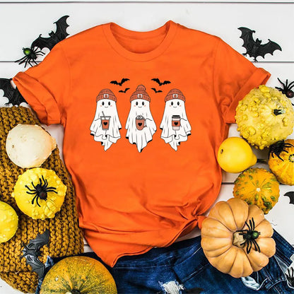 Cute Ghost Halloween T-Shirt, Short Sleeves. In Orange, Black, and White