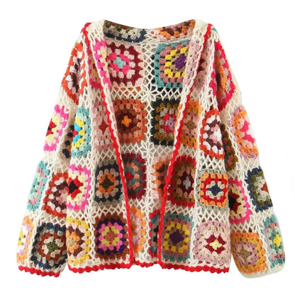 Boho hand-made crocheted cardigan, Square pattern, loose knitted cardigan, Hooded with long sleeves