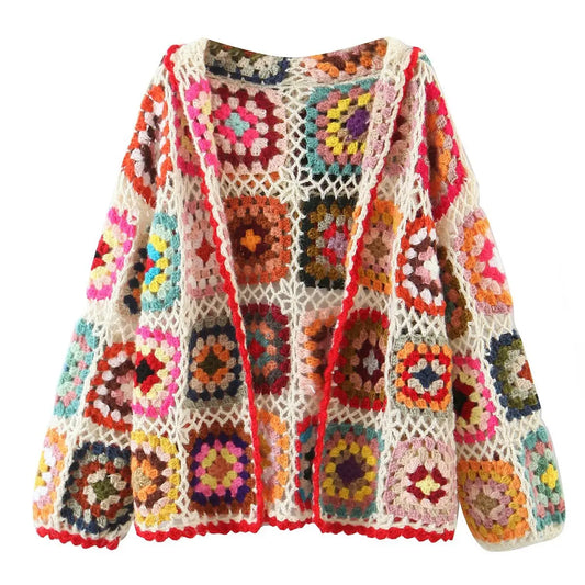 Boho hand-made crocheted cardigan, Square pattern, loose knitted cardigan, Hooded with long sleeves