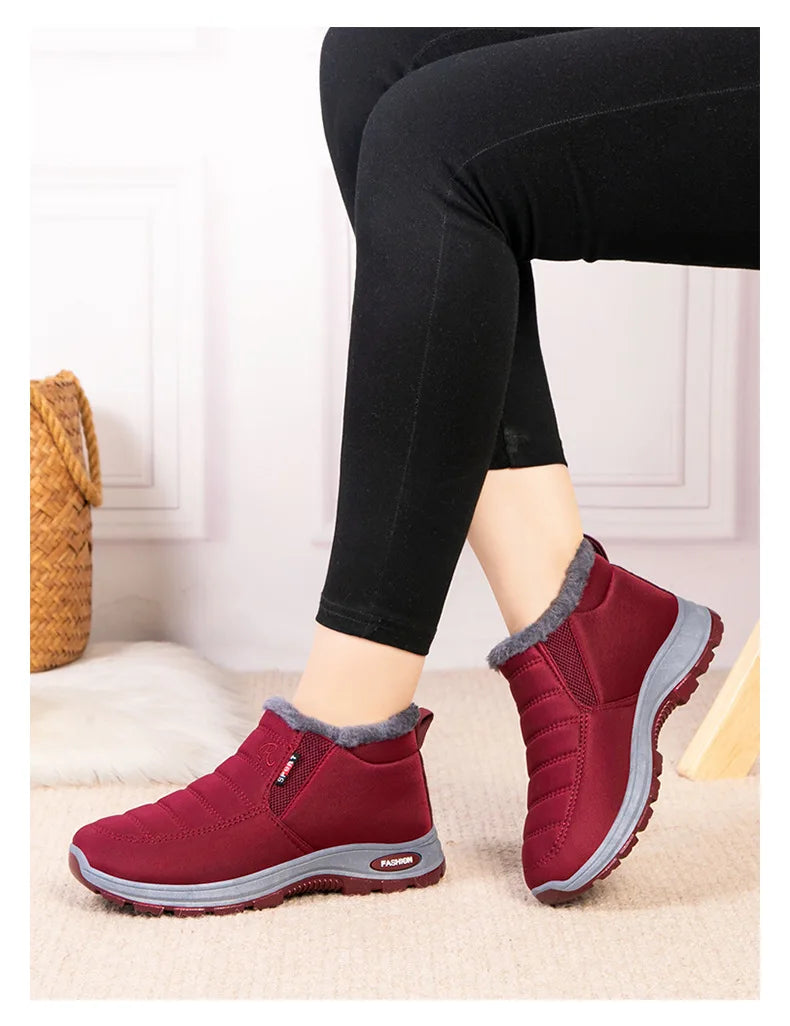 Waterproof Plush, Warm Ankle Snow Boots in Red, Black, Blue, Green, and Tan.