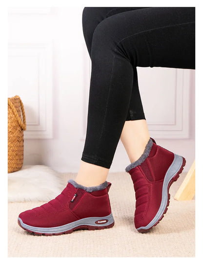 Waterproof Plush, Warm Ankle Snow Boots in Red, Black, Blue, Green, and Tan.