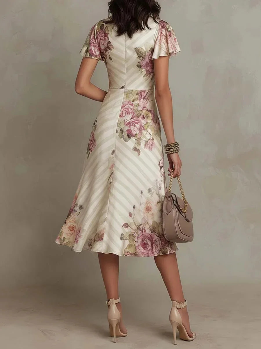 Boho Style Floral Print Midi Dress V Neck High Waist Short Bell Sleeves