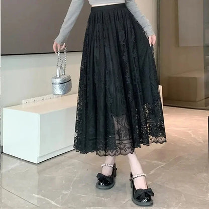 Plus Size to 4XL Lace Midi Skirt  Elastic Waist