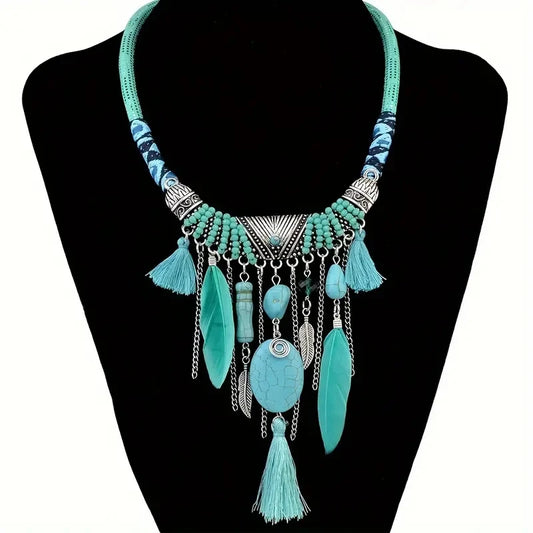Vintage Ethnic Chic Turquoise Feather Pendant Necklace  Bohemian Necklaces in a variety of colors