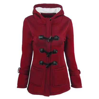 Hooded Women's Overcoat, Zipper Closure with Button Decorations and Pockets