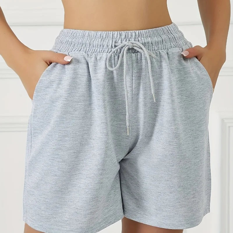 Ladies' front pockets, elastic and drawstring waist, casual exercise shorts