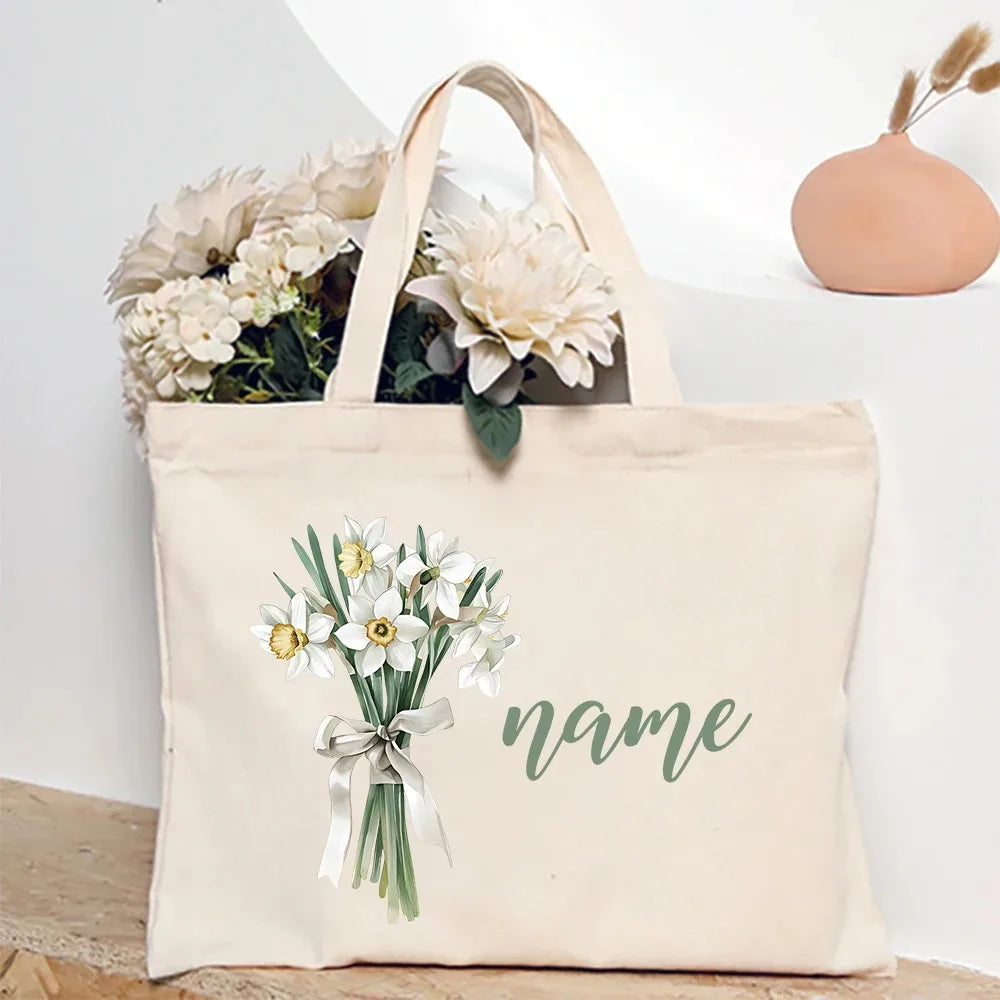 Personalized Shoulder Bag Birth Month Flower and Name Tote Bag, Monogrammed Canvas Bags