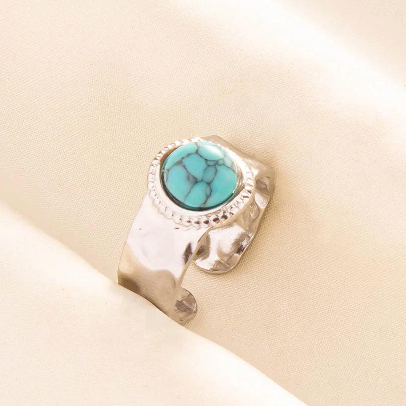 1pc Boho Turquoise Ring Stainless Steel Light Blue Gemstone Silver Adjustable Ring
