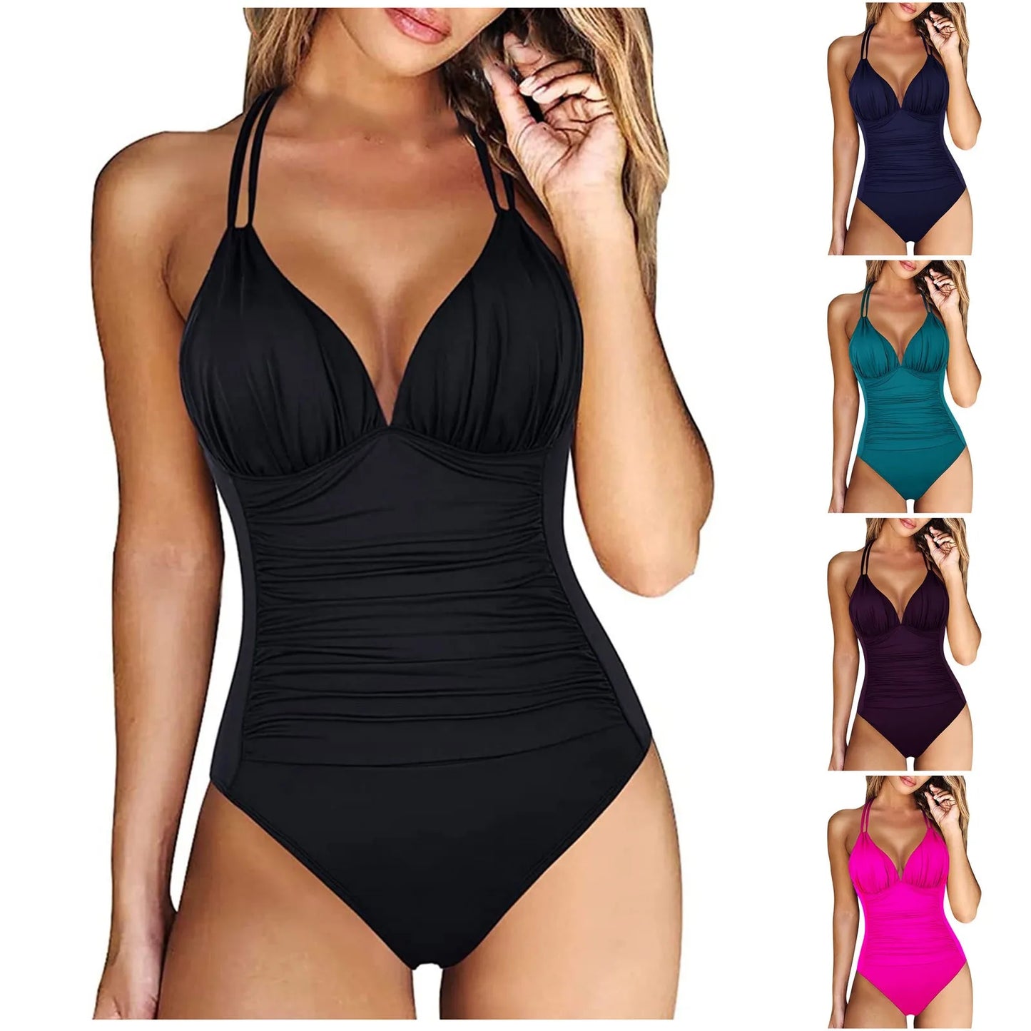 Basic Solid Color Halter One Piece Tummy Control Swimwear