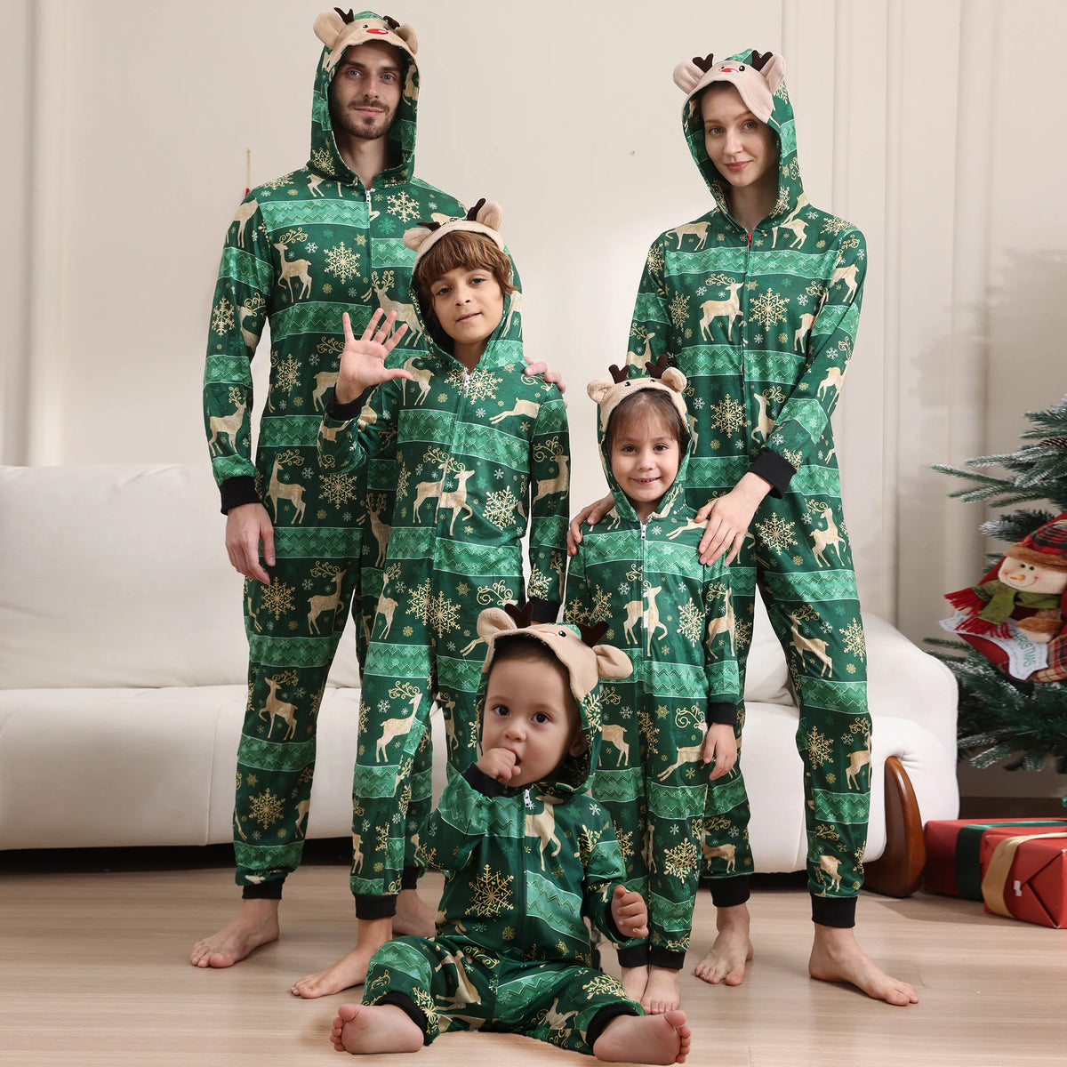 Family Rompers pajamas, hooded, zipper front, long sleeves and long pant legs, Comes in Red and Green