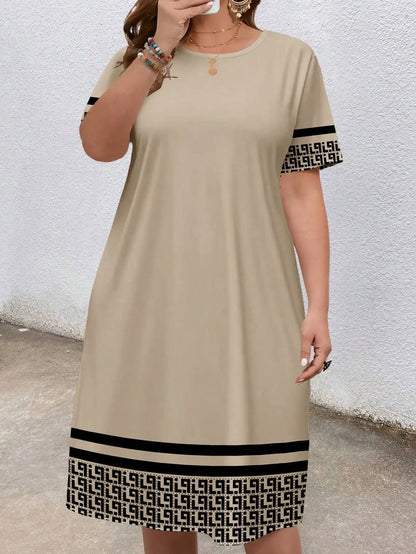 Sizes to 5XL, short-sleeved, round-neck, geometric ethnic borders, loose fit with pockets