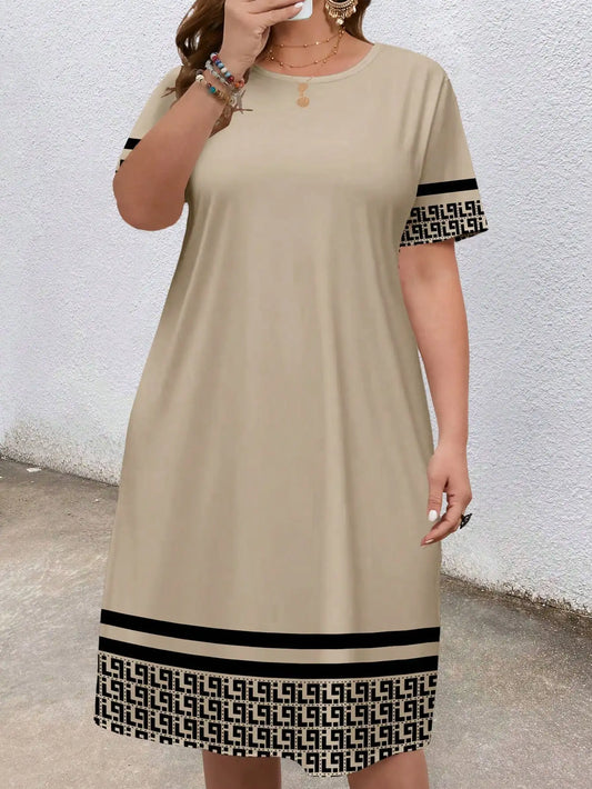 Sizes to 5XL, short-sleeved, round-neck, geometric ethnic borders, loose fit with pockets