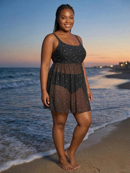 Sizes to 5XL Glitter  Star PRINT Tankini Swimsuit  2Piece with Adjustable Halter Straps and Natural Waisted Bottom