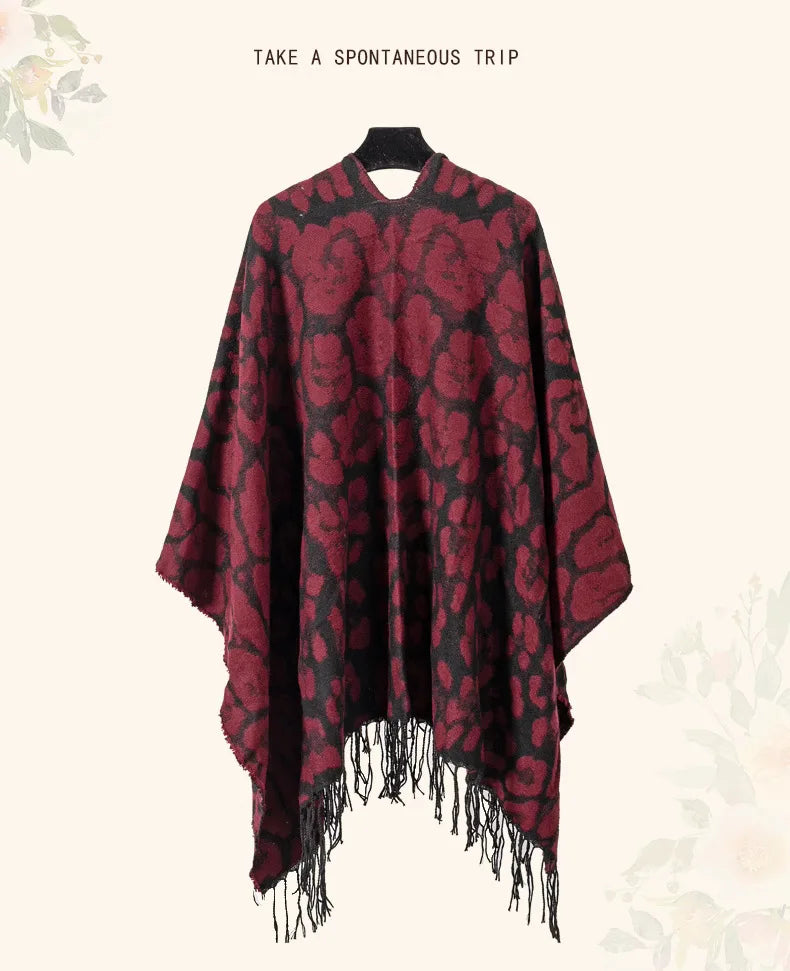 Vintage Boho Leopard Print Soft Over-the-Head Cloaks With Tassels