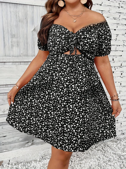 Sizes to 4XL  Floral Print Dress, Casual Off-the-Shoulder Short Strapless Dress with a Peek-A-Boo