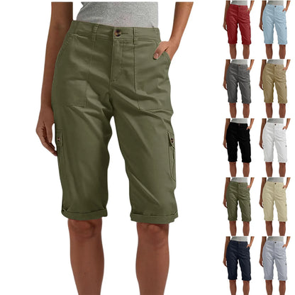 Women's long capri cargo shorts,  Button and Zipper Closure, 6 Colors in Sizes to 2XL