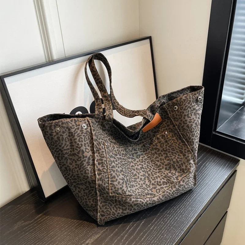 Leopard Pattern Tote Bag Vintage Canvas Shoulder Bag Big Capacity Handbag