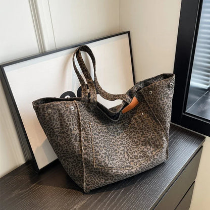 Leopard Pattern Tote Bag Vintage Canvas Shoulder Bag Big Capacity Handbag