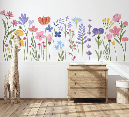 Boho Wildflower Vines, Baseboard Wall Stickers, Colorful Watercolor Floral Skirting Line, Wall Decals