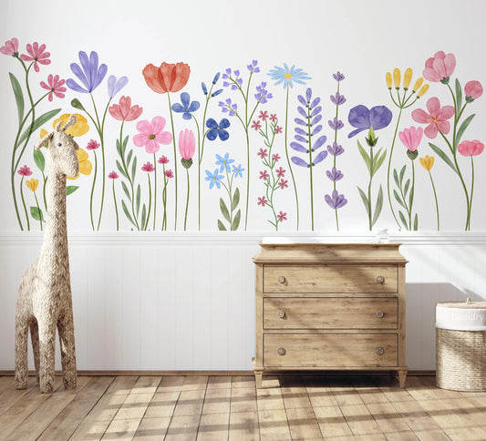 Boho Wildflower Vines, Baseboard Wall Stickers, Colorful Watercolor Floral Skirting Line, Wall Decals