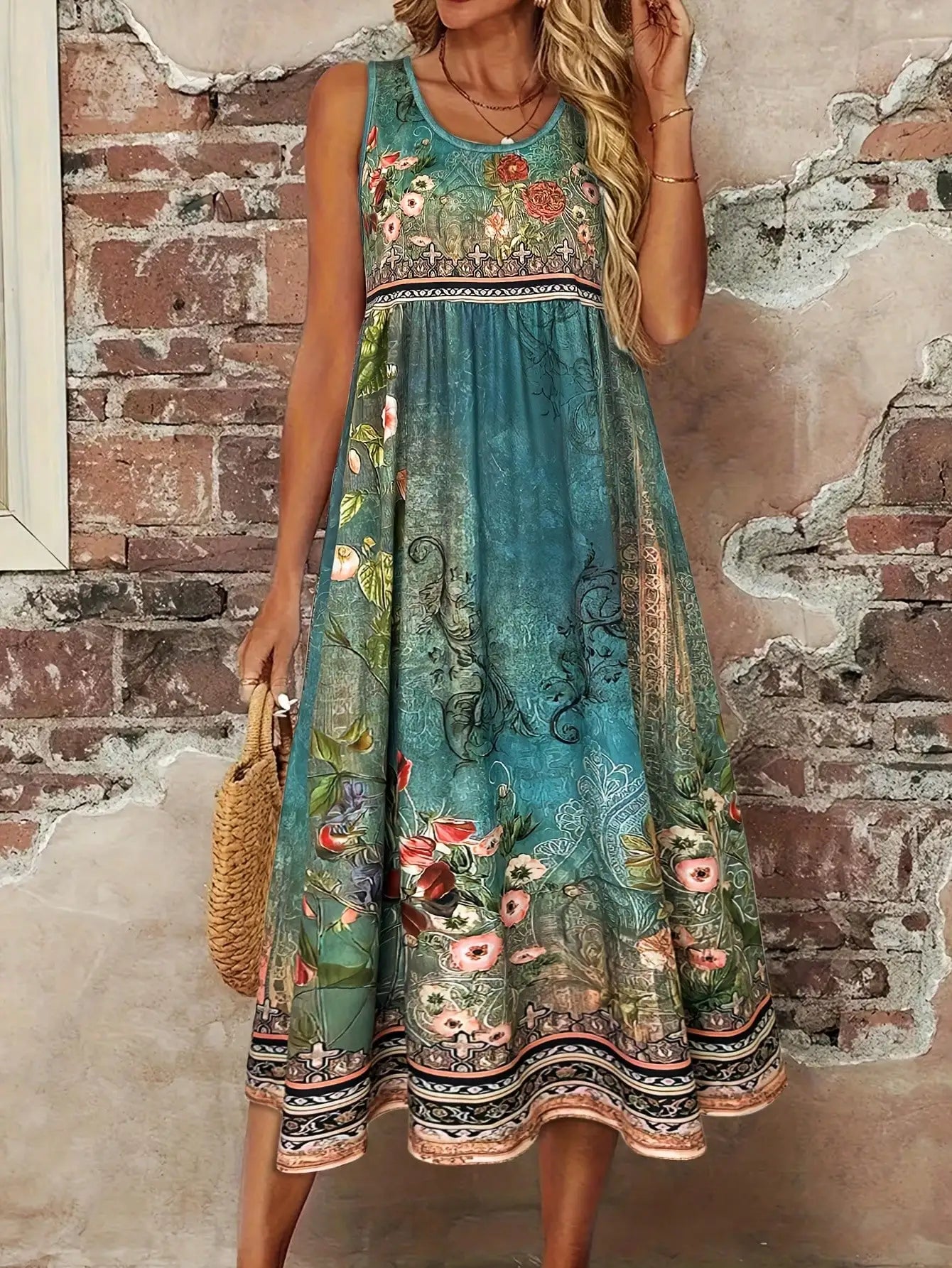 Boho Floral Sleeveless Dress Vintage Turquoise Print Crew Neck High Waist A Line Midi Sundress