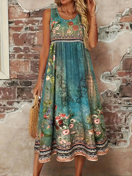 Boho Floral Sleeveless Dress Vintage Turquoise Print Crew Neck High Waist A Line Midi Sundress
