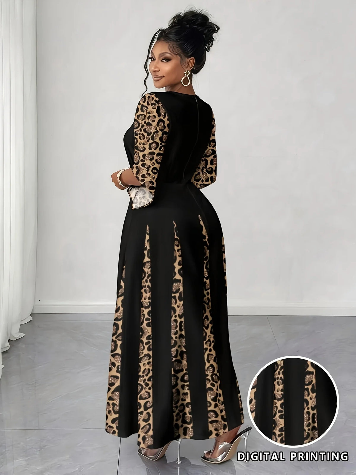 Sizes to 5XL in 3 colors, Elegant Leopard Print Maxi Dress, 3/4 Sleeve, Comfortable & Stylish