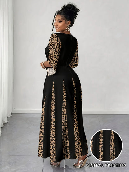 Sizes to 5XL in 3 colors, Elegant Leopard Print Maxi Dress, 3/4 Sleeve, Comfortable & Stylish