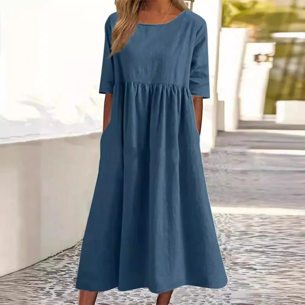 Cotton and Linen Casual Short Sleeves, Pockets, Loose Round Neck