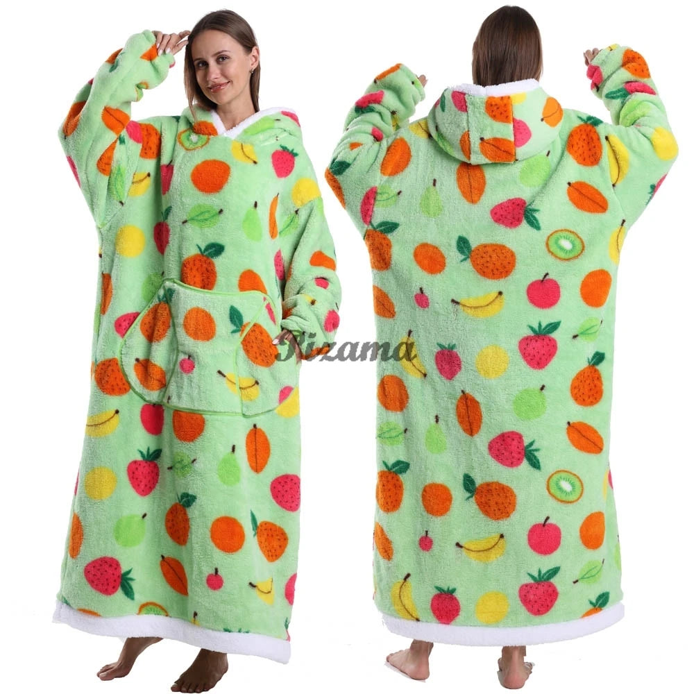 Super Long Flannel Pullover Night Shirt with Pocket and Hood, Super Snuggly for Men and Women, 12 Different Prints