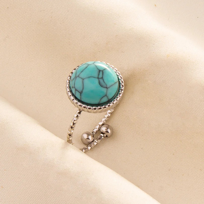 1pc Boho Turquoise Ring Stainless Steel Light Blue Gemstone Silver Adjustable Ring