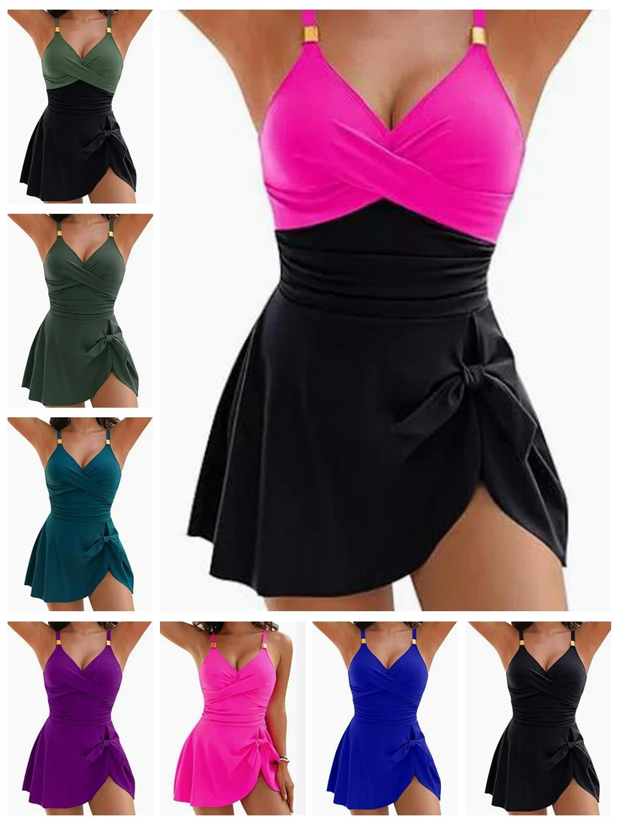 8 Colors to 2XL  in this Tummy Control One Piece Swim Dress