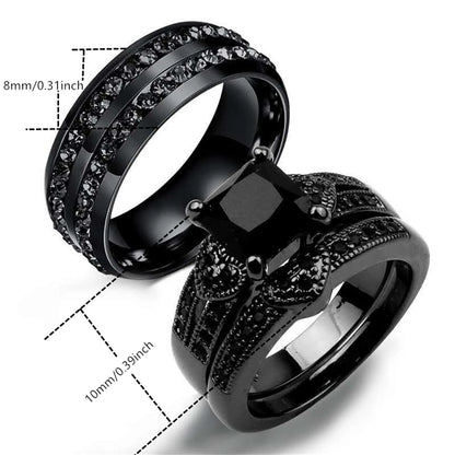 Black Stainless Steel Ring Sets, Women's Black Stone Engagement with a small heart band.  Men's is all Black Stainless Steel