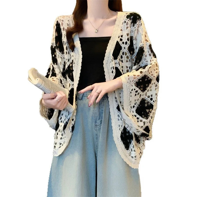 Bohemian Style Hollowed-out Long Sleeve Light Weight Sweater with V Neck and Batwing Sleeves