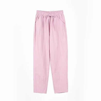 Cotton Linen Blend in 5 Different Solid Colors, Elastic Waist with Tie