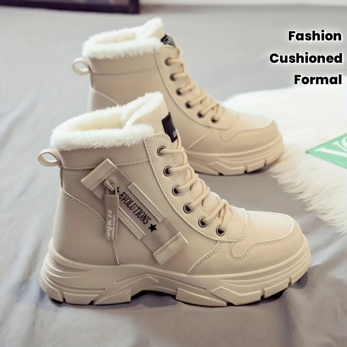 Short Snow Boots, Anti‑Slip, Warm Fur Lined, Lace-Up Casual Ankle Boots, Come in Black, White, Tan
