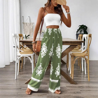 Bohemian Wide Leg Pants, Tall Elastic Waist, Casual, Comfortable