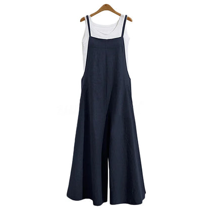 Spaghetti Strapped Jumpsuit to Sizes 5XL. Solid Color, Wide Leg Pants. Bibbed Overalls with Pockets. Casual, Loose, Cotton Linen