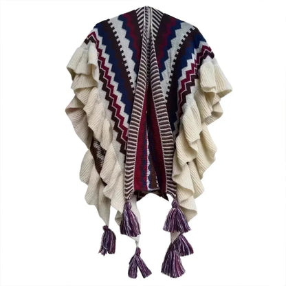 Vintage Bohemian Chic Capes Boho Ruffles Knitted Ethnic Design with Tassels