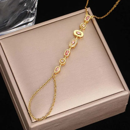 Stainless Steel Colorful Crystal Hand Chain Bracelet; Gold Color Water Drop Finger Bangle Bracelet