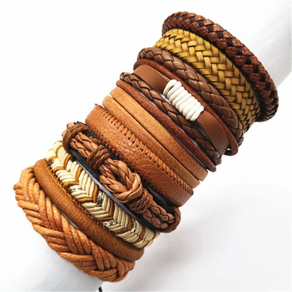 10 Pcs/set Black Wrapped and Woven Handmade Bracelets Male or Women Leather Bracelets