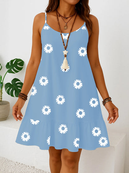 Plus sizes to 5XL sleeveless floral print dress, sun dress with ruffled hem, casual spaghetti straps, and v-neck