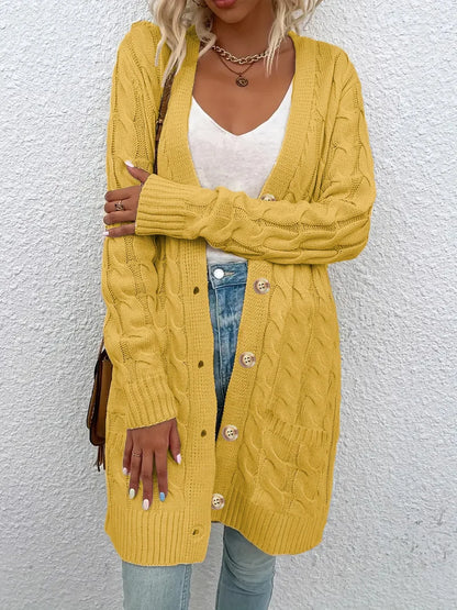 Solid Color Twisted Knit Long Cardigan with Single Buttons and Pockets. Green, Yellow, Turquoise, and White